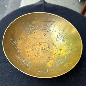 Vintage Chinese Brass Bowl Hand Etched  Design Very Solid 6”